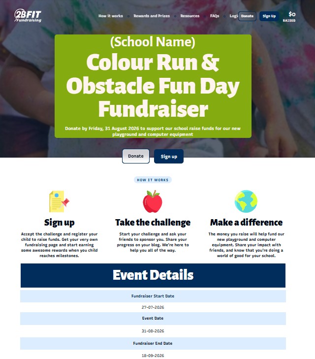 2BFIT fundraising platform school homepage